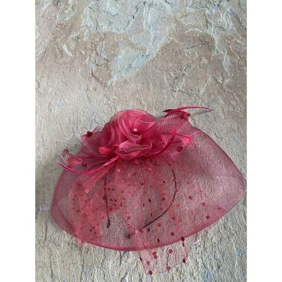 Vintage Hat Fascinator Kentucky Derby Red Rise Polkadot Sheer Headband Mesh - Picture 11 of 11